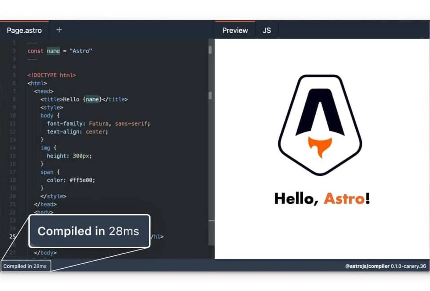 Screenshot of Astro REPL showing off fast compile time of 28ms